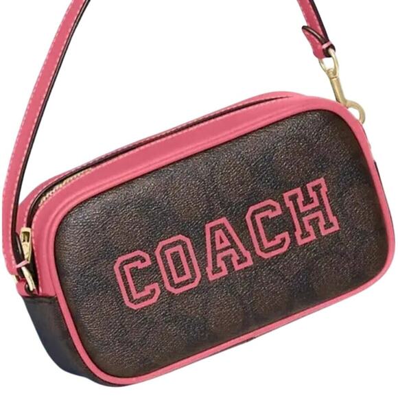 Coach Jamie Wristlet Purse Varsity Signature Canvas Brown Pink - Picture 2 of 5